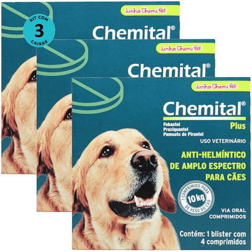 Chemital Plus Com 4 Comprimidos Chemitec Vermífugo Para Cães Kit Com 3 Cx